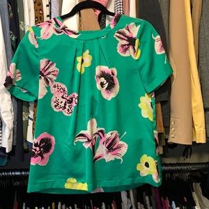 Green silky j crew floral top open back small